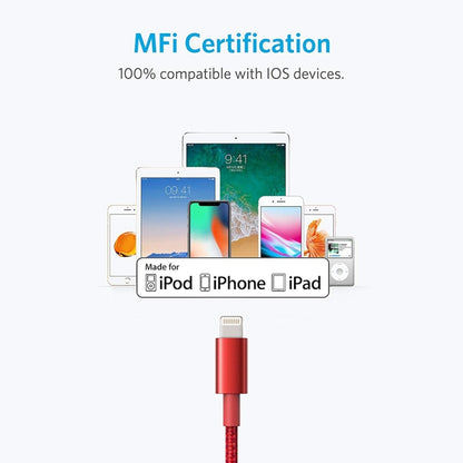 ANKER USB to 8 Pin Apple MFI Certificated Nylon Weaving Charging Data Cable, Length: 1m(Red) - MFI Cable by ANKER | Online Shopping South Africa | PMC Jewellery