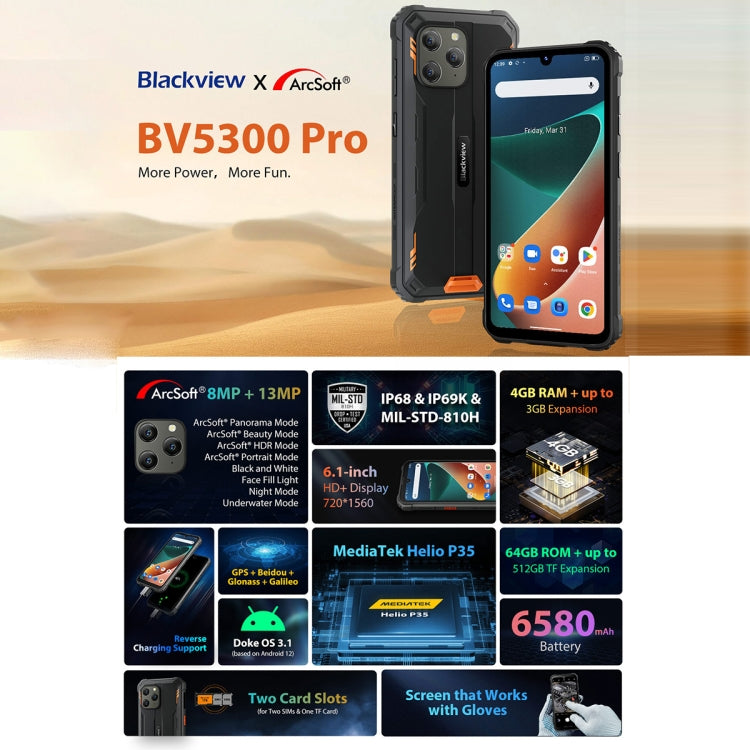 [HK Warehouse] Blackview BV5300 Pro Rugged Phone, 4GB+64GB, IP68/IP69K/MIL-STD-810H, Face Unlock, 6580mAh Battery, 6.1 inch Android 12 MTK6765 Helio P35 Octa Core up to 2.3GHz, Network: 4G, OTG, NFC, Dual SIM(Orange) - Blackview by Blackview | Online Shopping South Africa | PMC Jewellery