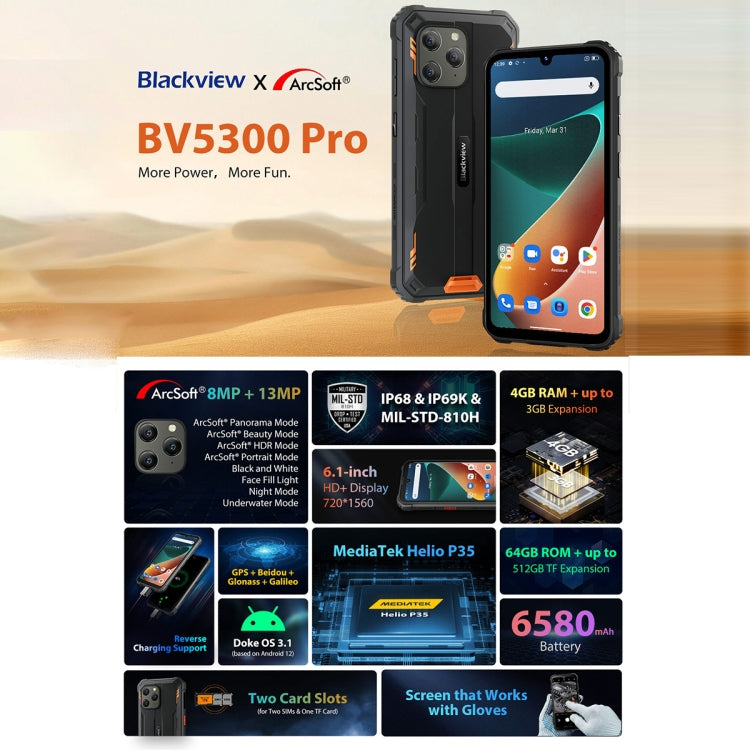 [HK Warehouse] Blackview BV5300 Pro Rugged Phone, 4GB+64GB, IP68/IP69K/MIL-STD-810H, Face Unlock, 6580mAh Battery, 6.1 inch Android 12 MTK6765 Helio P35 Octa Core up to 2.3GHz, Network: 4G, OTG, NFC, Dual SIM(Green) - Blackview by Blackview | Online Shopping South Africa | PMC Jewellery