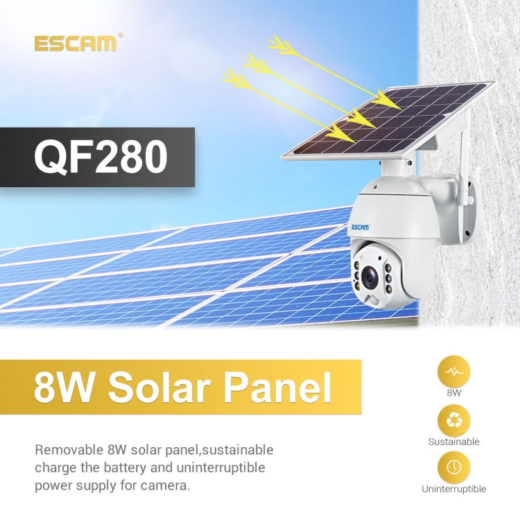 ESCAM QF280 HD 1080P IP66 Waterproof WiFi Solar Panel PT IP Camera without Battery, Support Night Vision / Motion Detection / TF Card / Two Way Audio (White) - Dome Camera by ESCAM | Online Shopping South Africa | PMC Jewellery | Buy Now Pay Later Mobicred