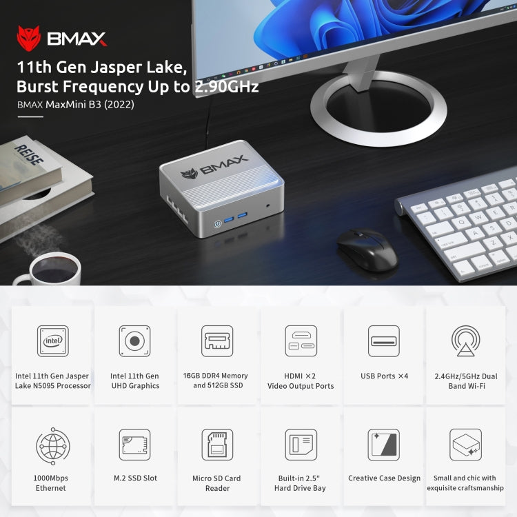 BMAX B3 Windows 11 Mini PC, 16GB+512GB, Intel Jasper Lake N5095, Support HDMI / RJ45 / TF Card, US Plug(Space Grey) - Windows Mini PCs by BMAX | Online Shopping South Africa | PMC Jewellery