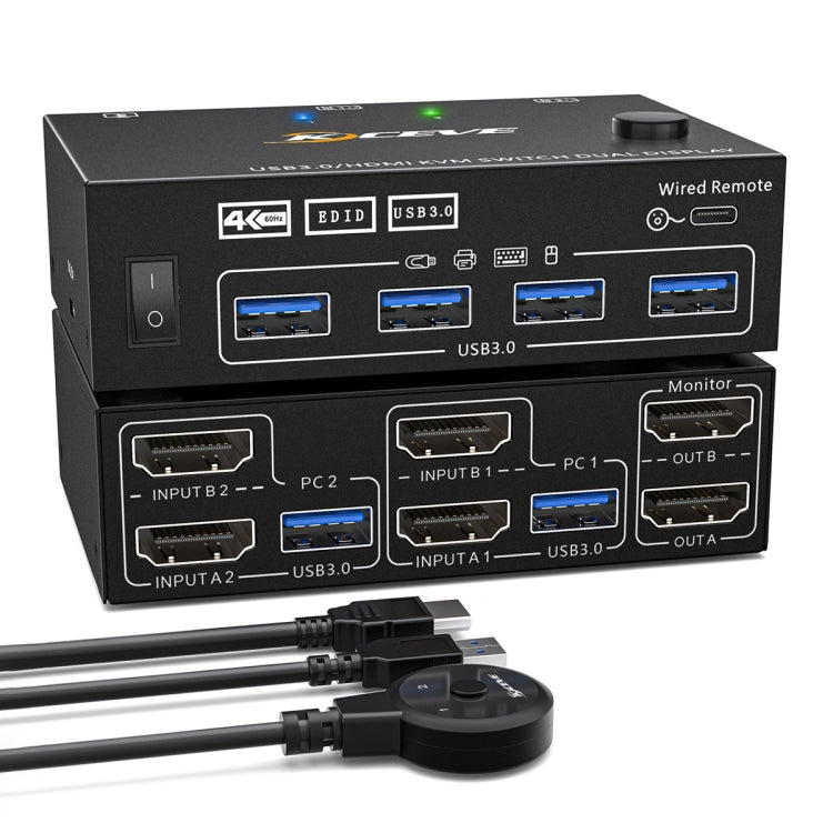 KC-KVM202AS 4K 60HZ USB3.0 HDMI Dual Display KVM Switcher Support EDID Analog Lock Screen - Switch by PMC TechLife | Online Shopping South Africa | PMC TechLife | Buy Now Pay Later Mobicred