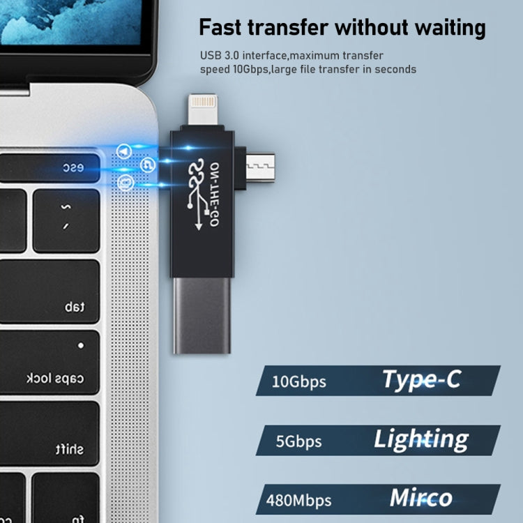 3 in 1 USB 3.0 to 8 Pin + Micro USB + USB-C / Type-C Interface Multifunctional OTG Adapter - OTG Adapter by PMC Jewellery | Online Shopping South Africa | PMC Jewellery