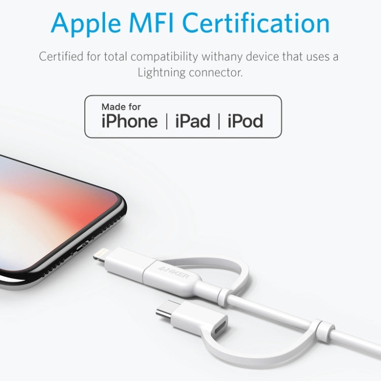 ANKER 3 in 1 8 Pin + Micro USB + USB-C / Type-C Interface MFI Certificated Data Cable(White) - MFI Cable by ANKER | Online Shopping South Africa | PMC Jewellery