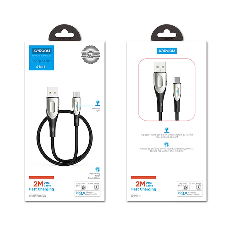 JOYROOM S-M411 Sharp Series 3A USB-C / Type-C Interface Charging + Transmission Nylon Braided Data Cable with Drop-shaped Indicator Light, Cable Length: 2m (Black) - USB-C & Type-C Cable by JOYROOM | Online Shopping South Africa | PMC Jewellery