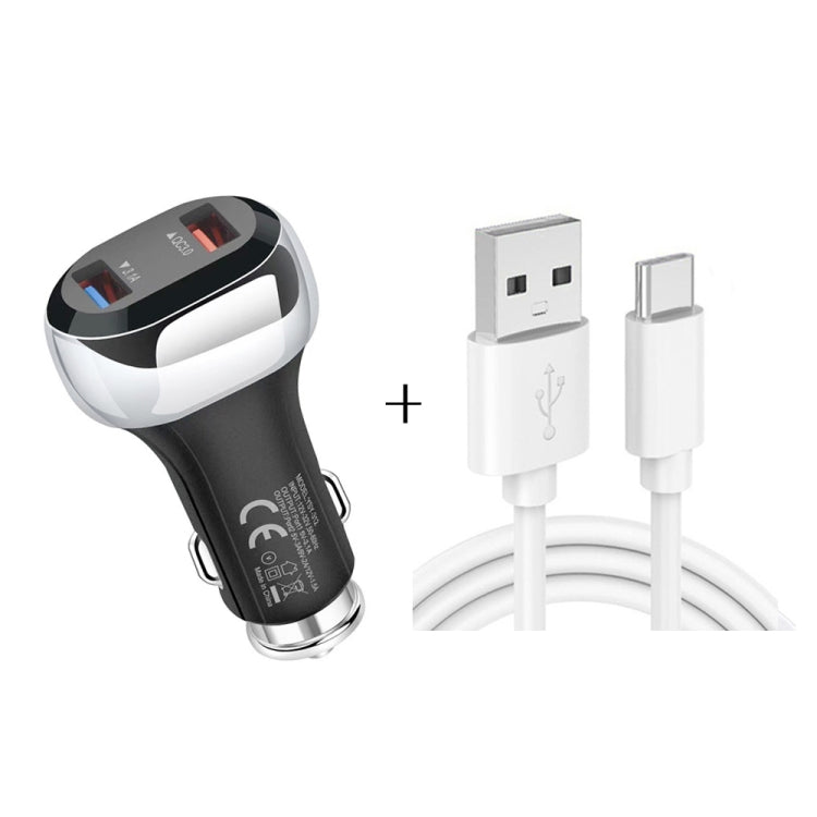 YSY-312 2 in 1 18W Portable QC3.0 Dual USB Car Charger + 1m 3A USB to USB-C / Type-C Data Cable Set(Black) - Car Charger by PMC Jewellery | Online Shopping South Africa | PMC Jewellery