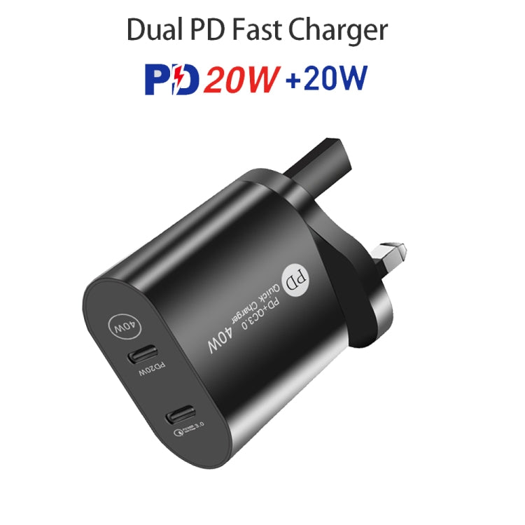 002 40W Dual Port PD / Type-C Fast Charger with USB-C to 8 Pin Data Cable, UK Plug(Black) - USB Charger by PMC Jewellery | Online Shopping South Africa | PMC Jewellery