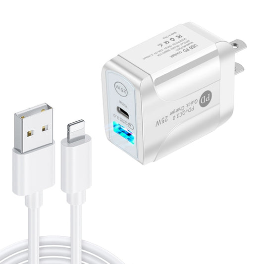 PD25W USB-C / Type-C + QC3.0 USB Dual Ports Fast Charger with USB to 8 Pin Data Cable, US Plug(White) - USB Charger by PMC Jewellery | Online Shopping South Africa | PMC Jewellery | Buy Now Pay Later Mobicred