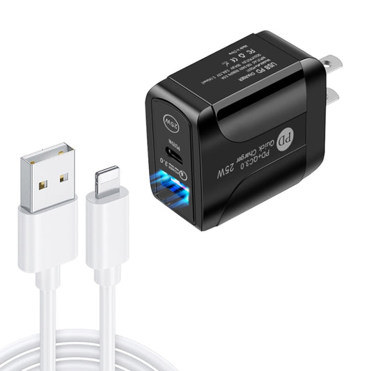 PD25W USB-C / Type-C + QC3.0 USB Dual Ports Fast Charger with USB to 8 Pin Data Cable, US Plug(Black) - USB Charger by PMC Jewellery | Online Shopping South Africa | PMC Jewellery | Buy Now Pay Later Mobicred