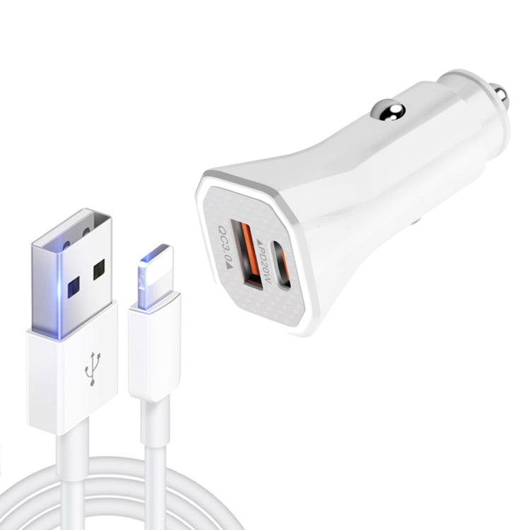 TE-P22 38W PD USB-C / Type-C + QC3. 0 USB Car Charger with 1m USB to 8 Pin Data Cable(White) - Car Charger by PMC Jewellery | Online Shopping South Africa | PMC Jewellery