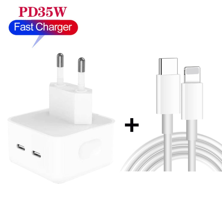 PD 35W Dual USB-C / Type-C Ports Charger with 2m Type-C to 8 Pin Data Cable, EU Plug - USB Charger by PMC Jewellery | Online Shopping South Africa | PMC Jewellery