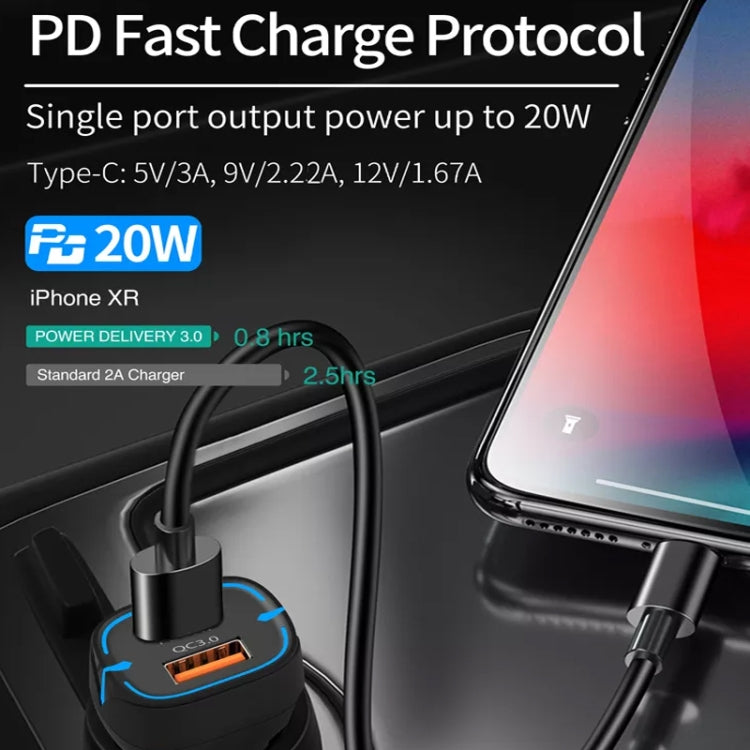 38W PD20W + QC3.0 USB Car Charger with USB to Type-C Data Cable, Length: 1m(Black) - Car Charger by PMC Jewellery | Online Shopping South Africa | PMC Jewellery