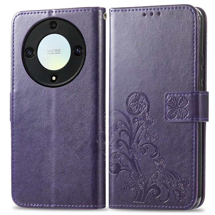 For Honor Magic5 Lite Four-leaf Clasp Embossed Buckle Leather Phone Case(Purple) - Honor Cases by PMC Jewellery | Online Shopping South Africa | PMC Jewellery