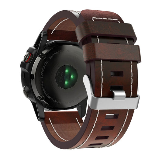 For Garmin Fenix 6X Pro 26mm Sewing Leather Steel Buckle Watch Band(Red Brown) - Smart Wear by PMC Jewellery | Online Shopping South Africa | PMC Jewellery