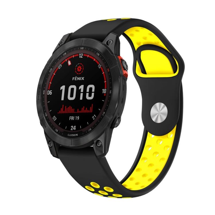 For Garmin Fenix 7 Solar 22mm Sports Breathable Silicone Watch Band(Black+Yellow) - Watch Bands by PMC Jewellery | Online Shopping South Africa | PMC Jewellery