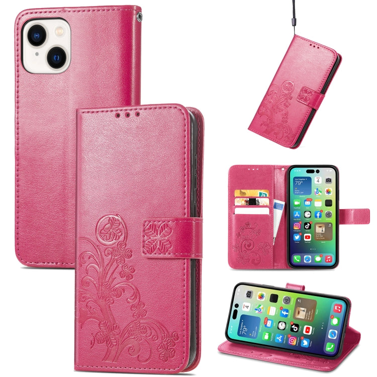 For iPhone 15 Four-leaf Clasp Embossed Buckle Leather Phone Case(Magengta) - iPhone 15 Cases by PMC TechLife | Online Shopping South Africa | PMC TechLife
