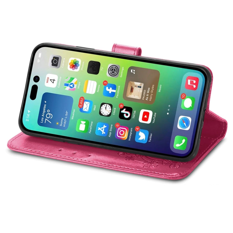 For iPhone 15 Four-leaf Clasp Embossed Buckle Leather Phone Case(Magengta) - iPhone 15 Cases by PMC TechLife | Online Shopping South Africa | PMC TechLife