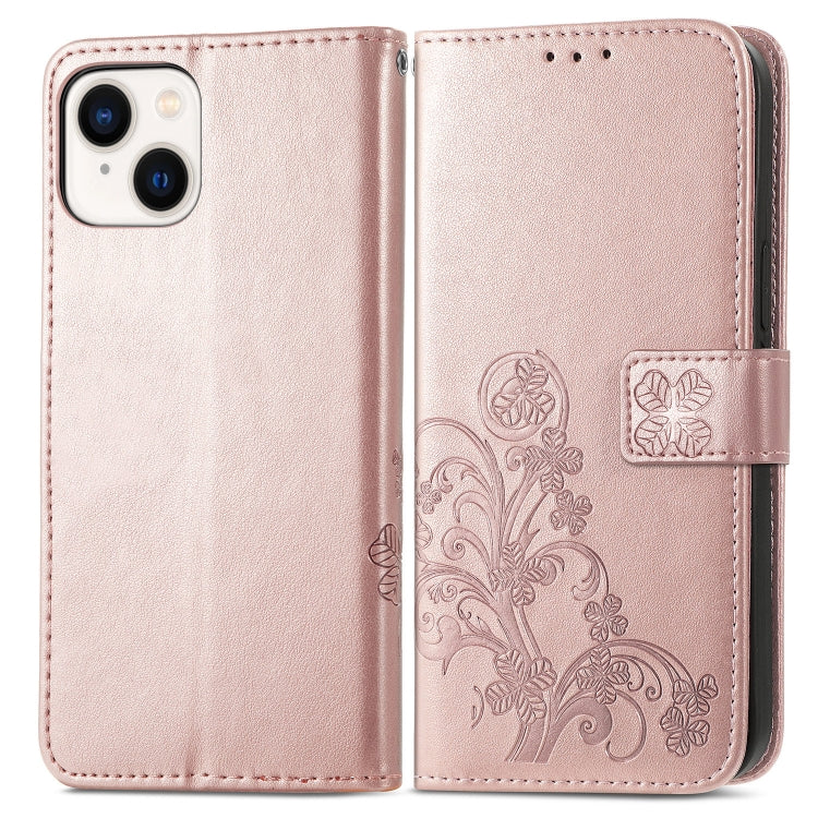 For iPhone 15 Four-leaf Clasp Embossed Buckle Leather Phone Case(Rose Gold) - iPhone 15 Cases by PMC TechLife | Online Shopping South Africa | PMC TechLife