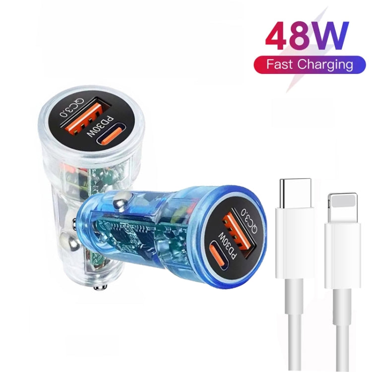 P35 48W PD30W + QC3.0 18W USB Transparent Car Charger with Type-C to 8 Pin Phone Data Cable(Transparent Blue) - Car Charger by PMC Jewellery | Online Shopping South Africa | PMC Jewellery
