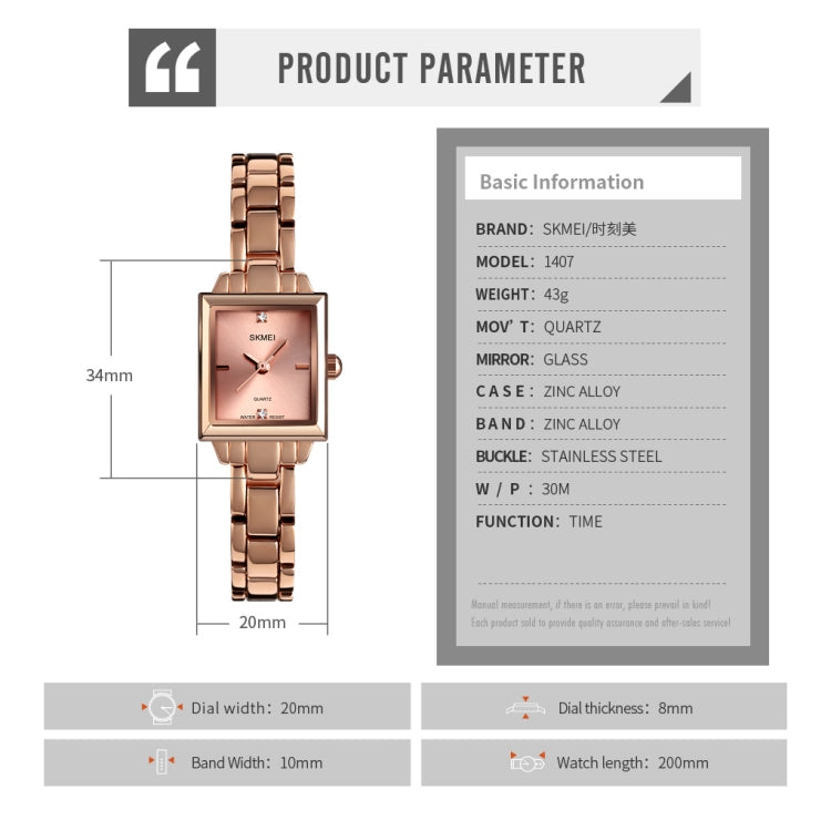 SKMEI 1407 Business Fashion Watch with Diamonds Delicate and Elegant Square Zinc Alloy Quartz Watch for Women Rose Gold - Alloy Watches by SKMEI | Online Shopping South Africa | PMC Jewellery | Buy Now Pay Later Mobicred