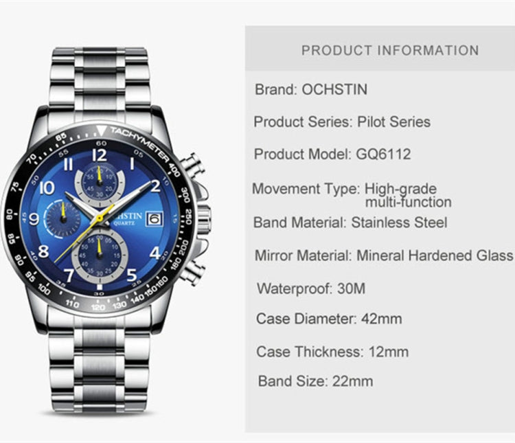 OCHSTIN   6112 Men Multi  Function Watch Fashion Sports Business Calendar Luminous Men Watch Quartz Watch Steel Watch(Blue) - Sport Watches by OCHSTIN | Online Shopping South Africa | PMC Jewellery | Buy Now Pay Later Mobicred