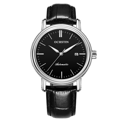 Ochstin 2024 Automatic Mechanical Watch Men Waterproof Calendar Leather Business Mechanical Men Watch(Silver Black) - Leather Strap Watches by OCHSTIN | Online Shopping South Africa | PMC Jewellery | Buy Now Pay Later Mobicred