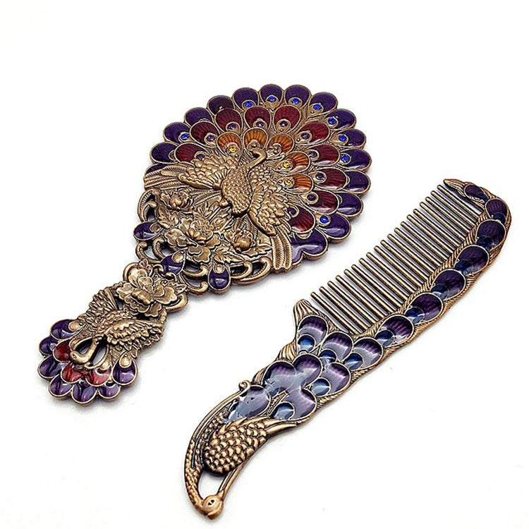 Vintage Handle Peacock Mirror Gift Box Comb Two-piece Portable Makeup Mirror(Copper Peacock) - Mirror by PMC Jewellery | Online Shopping South Africa | PMC Jewellery