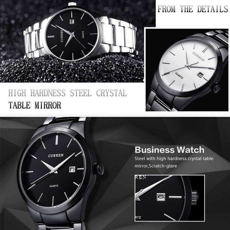 CURREN 8106 Fashion Business Calendar Waterproof Full Steel Quartz Watch(white case black face) - Metal Strap Watches by CURREN | Online Shopping South Africa | PMC Jewellery | Buy Now Pay Later Mobicred