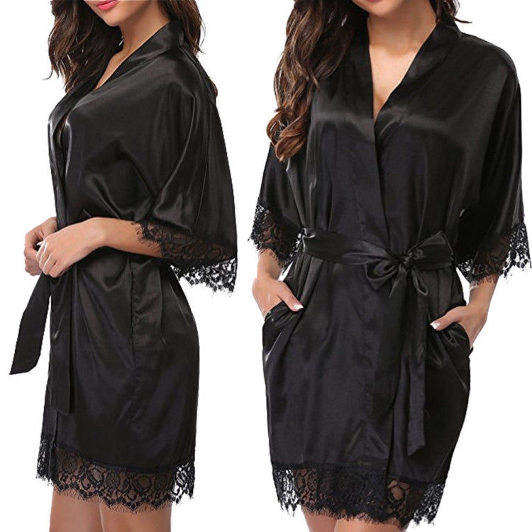 Half Sleeve Robe Women Faux Silk Pajama Sexy Night Dress, Size:L(Black) - Pajamas & Bathrobe by PMC Jewellery | Online Shopping South Africa | PMC Jewellery