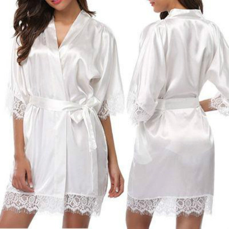 Half Sleeve Robe Women Faux Silk Pajama Sexy Night Dress, Size:L(White) - Pajamas & Bathrobe by PMC Jewellery | Online Shopping South Africa | PMC Jewellery