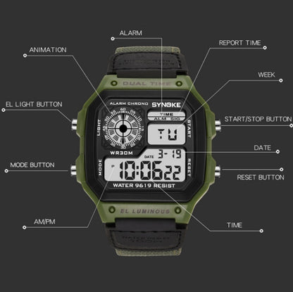 SYNOKE 9619B Nylon Canvas Strap Luminous Waterproof Digital Watch(Green Head Black Belt) - LED Digital Watches by SYNOKE | Online Shopping South Africa | PMC Jewellery | Buy Now Pay Later Mobicred