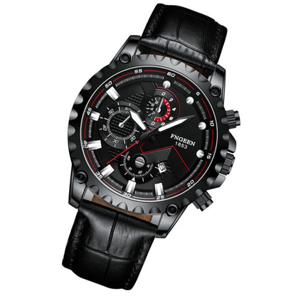 FNGEEN 5757 Men Waterproof Sports Fashion Stainless Steel Watch(Black Leather Black Steel Black Surface) - Alloy Watches by FNGEEN | Online Shopping South Africa | PMC Jewellery | Buy Now Pay Later Mobicred