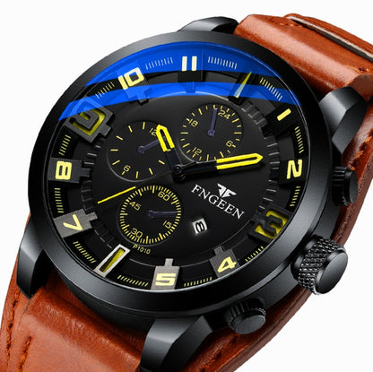 FNGEEN P1010 Men Fashion Large Dial Leather Belt Watch Student Casual Quartz Watch(Light Brown Leather With Yellow Words) - Leather Strap Watches by FNGEEN | Online Shopping South Africa | PMC Jewellery | Buy Now Pay Later Mobicred