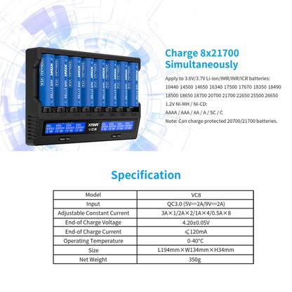 XTAR 8-Slot Battery Charger LCD Display Charger QC3.0 Type C Fast Charger for 21700 / 18650 Battery, Model: VC8 - Charger & Converter by XTAR | Online Shopping South Africa | PMC Jewellery | Buy Now Pay Later Mobicred