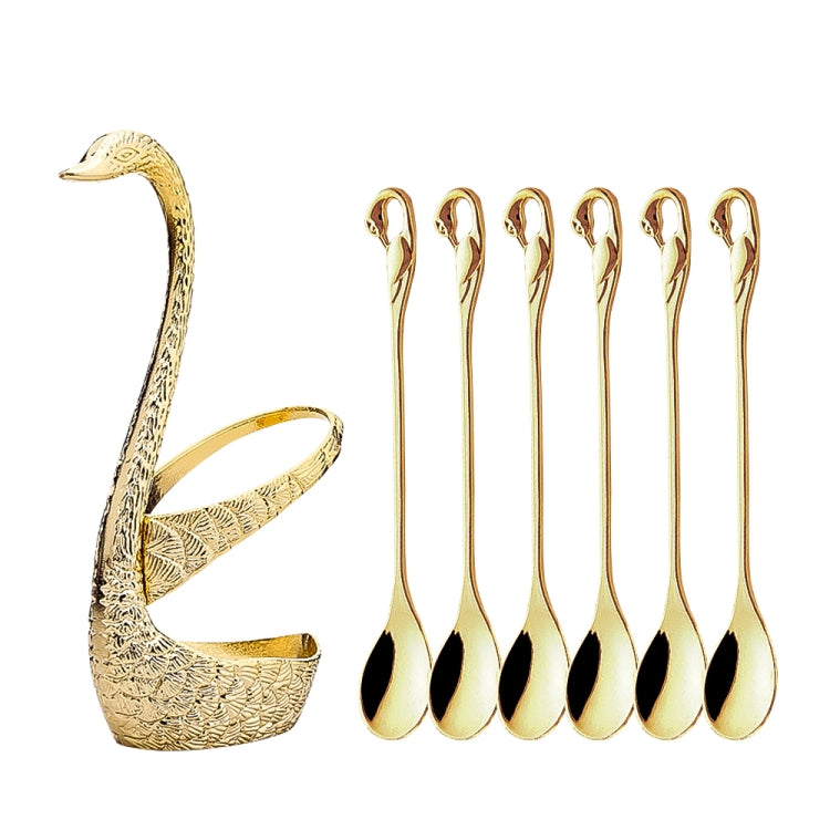 Swan Fruit Fork And Spoon Set Dessert Fork Fruit Fork Rack Tableware Wedding Gift, Colour: Golden Stripe With 6 Spoons - Cutlery Sets by PMC Jewellery | Online Shopping South Africa | PMC Jewellery