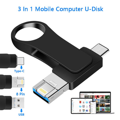 32GB USB 3.0 + 8 Pin + USB-C / Type-C 3 in 1 Mobile Computer Metal U-Disk(Black) - U Disk & Card Reader by PMC Jewellery | Online Shopping South Africa | PMC Jewellery