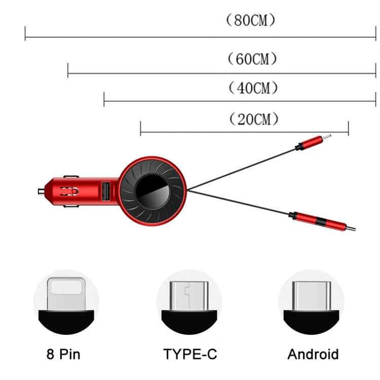 3 In 1 USB Dual Cable Single Pull Retractable Car Charger(Red) - Car Charger by PMC Jewellery | Online Shopping South Africa | PMC Jewellery