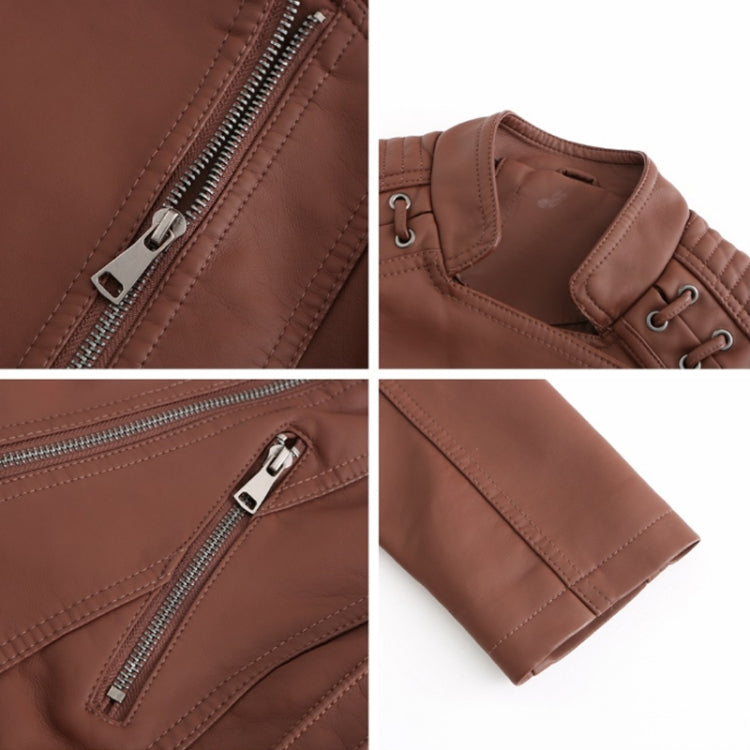 Women Short Leather Jacket Slim Jacket Motorcycle Suit, Size: XXL(Khaki) - Jacket & Loose Coat by PMC Jewellery | Online Shopping South Africa | PMC Jewellery