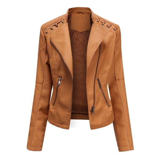 Women Short Leather Jacket Slim Jacket Motorcycle Suit, Size: L(Camel) - Jacket & Loose Coat by PMC Jewellery | Online Shopping South Africa | PMC Jewellery