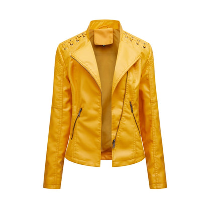 Women Short Leather Jacket Slim Jacket Motorcycle Suit, Size: XXL(Lemon Yellow) - Jacket & Loose Coat by PMC Jewellery | Online Shopping South Africa | PMC Jewellery