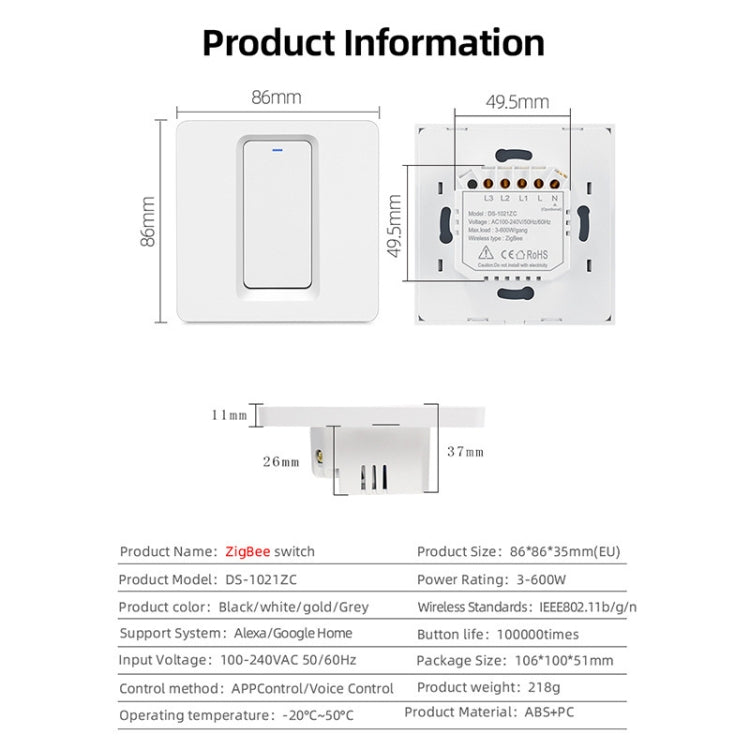 Tuya ZigBee Smart Single-fire Zero-fire Sharing Switch Phone Control Voice Panel EU Plug, Spec: 2 Buttons - Smart Switch by PMC Jewellery | Online Shopping South Africa | PMC Jewellery