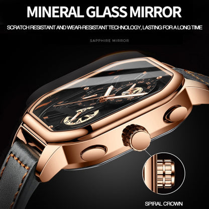 BINBOND B6577 30M Waterproof Luminous Square Quartz Watch, Color: Black Leather-Black-Rose Gold - Leather Strap Watches by BINBOND | Online Shopping South Africa | PMC Jewellery | Buy Now Pay Later Mobicred