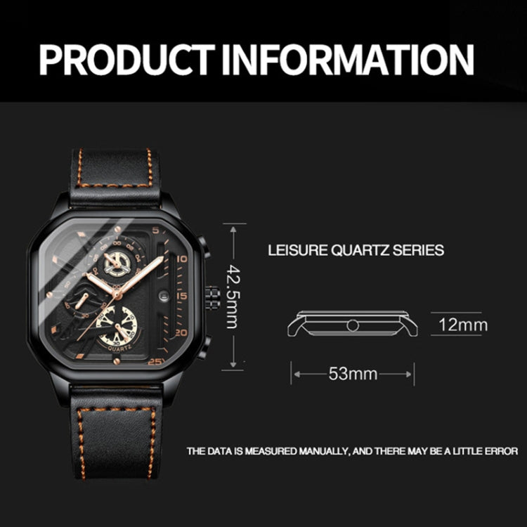 BINBOND B6577 30M Waterproof Luminous Square Quartz Watch, Color: Black Leather-Black-Black - Leather Strap Watches by BINBOND | Online Shopping South Africa | PMC Jewellery | Buy Now Pay Later Mobicred