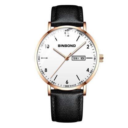 BINBOND B3820 30M Waterproof Ultra-thin Quartz Luminous Starry Watch, Color: Black Leather-Rose Gold-White - Metal Strap Watches by BINBOND | Online Shopping South Africa | PMC Jewellery | Buy Now Pay Later Mobicred