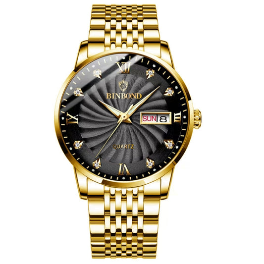 BINBOND B3034 Diamond 30m Waterproof Business Watch Men's Butterfly Buckle Luminous Quartz Watch(Full-gold-Black-Gold Nail) - Metal Strap Watches by BINBOND | Online Shopping South Africa | PMC Jewellery | Buy Now Pay Later Mobicred