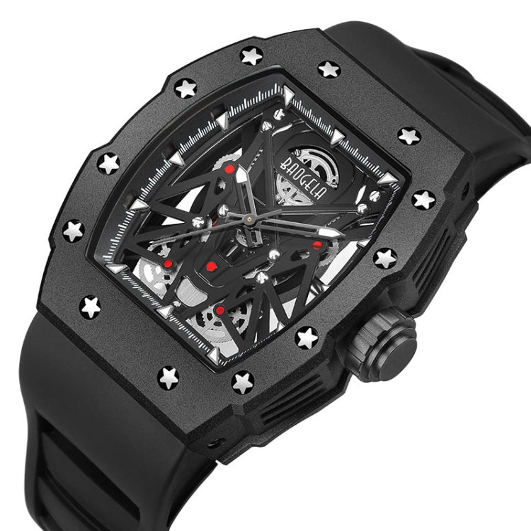 BAOGELA 224145 Barrel Skeleton Waterproof Sports Stainless Steel Silicone Men Watch(Steel Shell Black Belt) - Silicone Strap Watches by BAOGELA | Online Shopping South Africa | PMC Jewellery | Buy Now Pay Later Mobicred