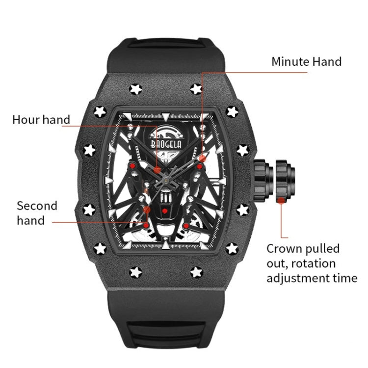 BAOGELA 224145 Barrel Skeleton Waterproof Sports Stainless Steel Silicone Men Watch(Steel Shell Black Belt) - Silicone Strap Watches by BAOGELA | Online Shopping South Africa | PMC Jewellery | Buy Now Pay Later Mobicred