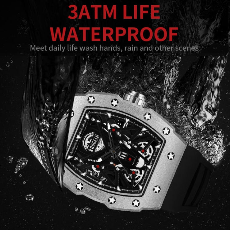 BAOGELA 224145 Barrel Skeleton Waterproof Sports Stainless Steel Silicone Men Watch(Steel Shell Black Belt) - Silicone Strap Watches by BAOGELA | Online Shopping South Africa | PMC Jewellery | Buy Now Pay Later Mobicred