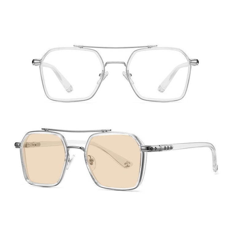 A5 Double Beam Polarized Color Changing Myopic Glasses, Lens: -100 Degrees Change Tea Color(Transparent Silver Frame) - Plain Glass Spectacles by PMC Jewellery | Online Shopping South Africa | PMC Jewellery