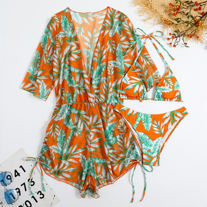 Leaf-print Waist Lace-up Three-Piece Bikini Set Long-sleeved Beach Sun Protection Swimsuit, Size: M(Orange) - Swimwear by PMC Jewellery | Online Shopping South Africa | PMC Jewellery